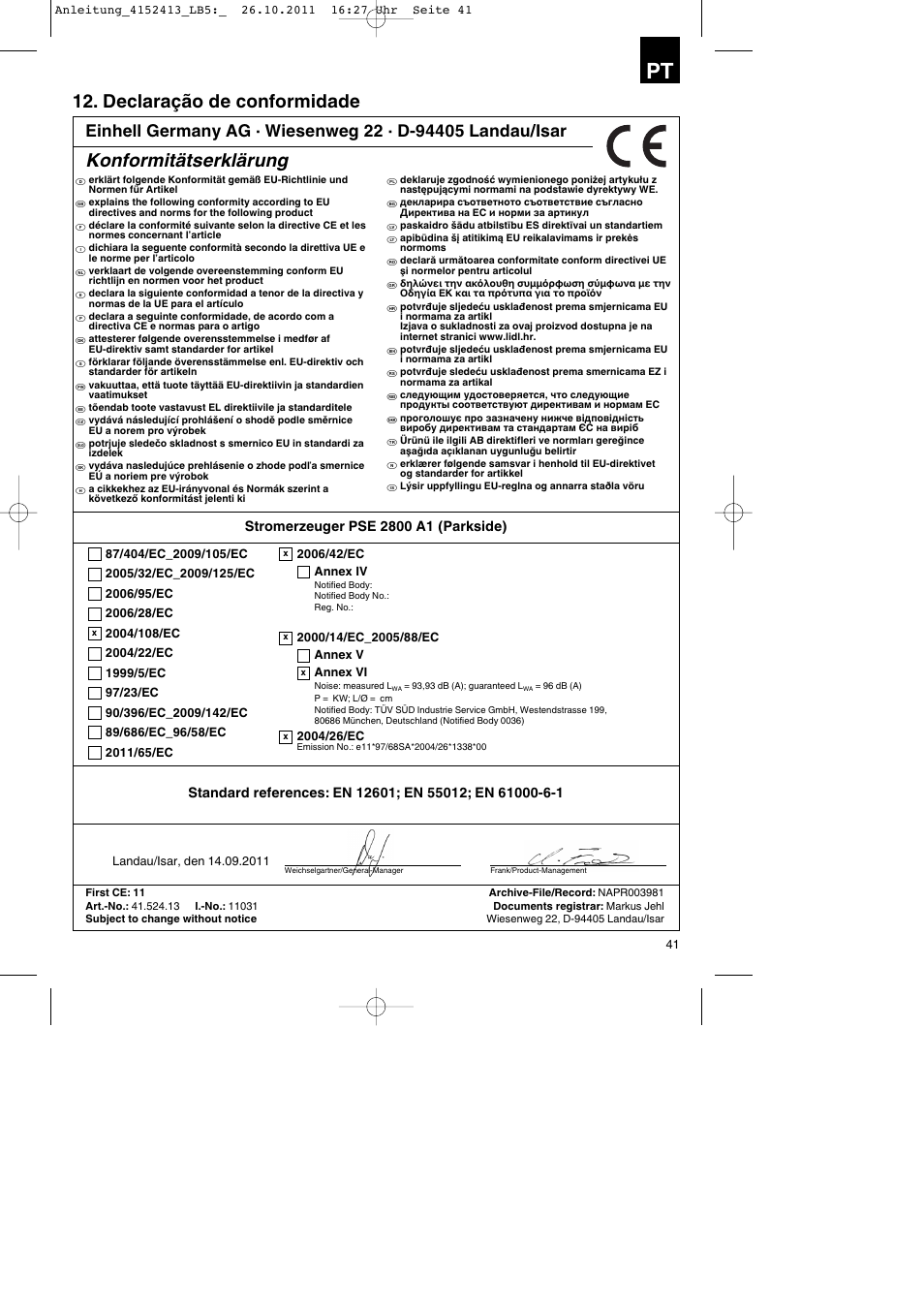 Declaração de conformidade, Konformitätserklärung | Parkside PSE 2800 A1 User Manual | Page 41 / 68