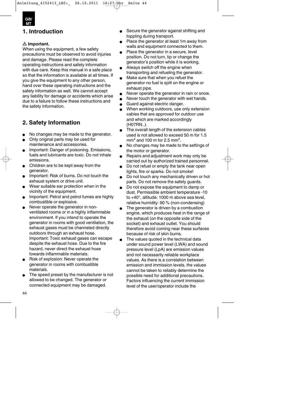 Introduction, Safety information | Parkside PSE 2800 A1 User Manual | Page 44 / 68
