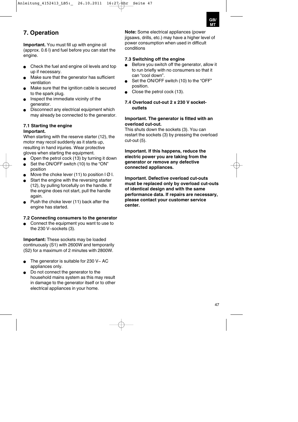 Operation | Parkside PSE 2800 A1 User Manual | Page 47 / 68