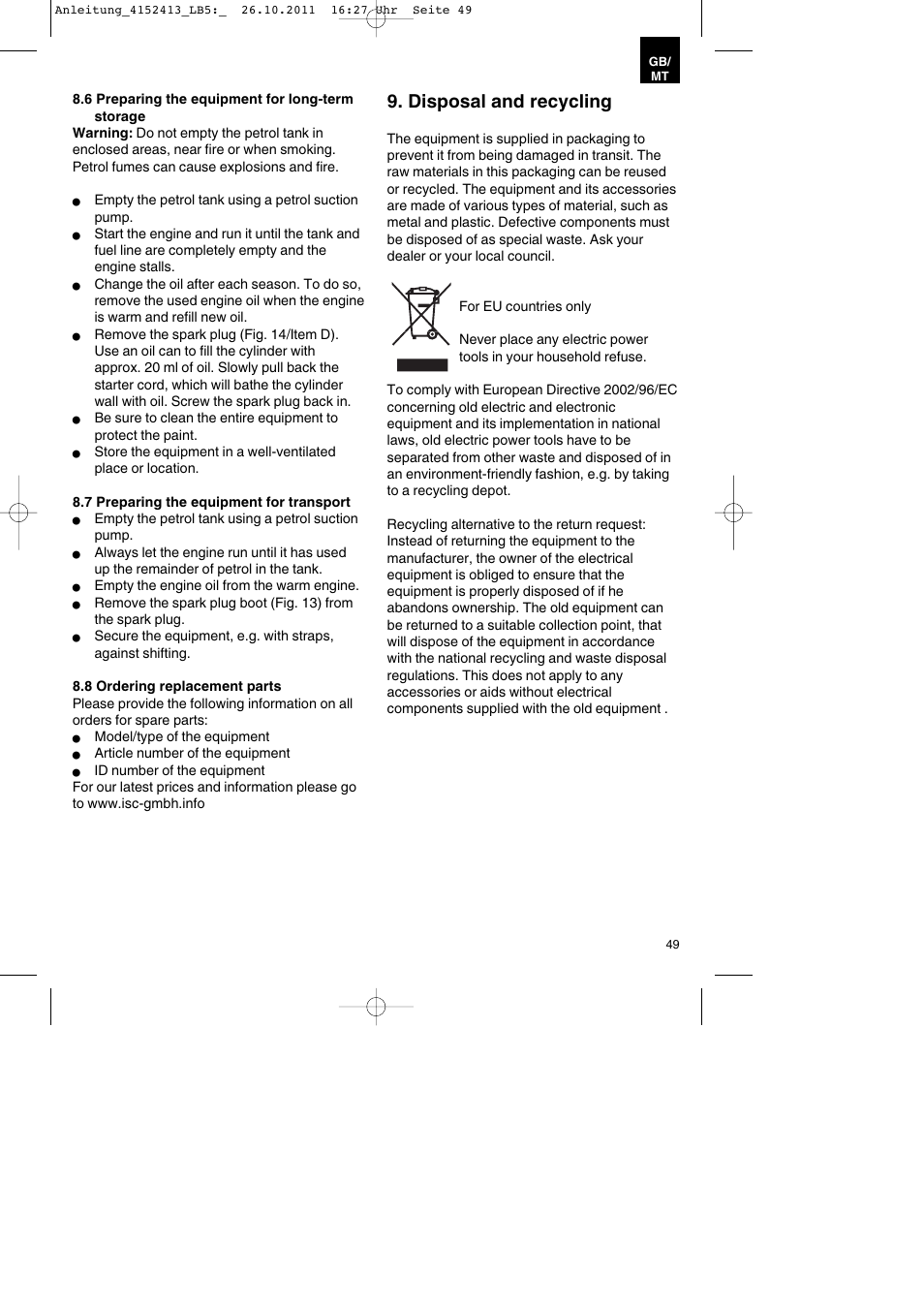 Disposal and recycling | Parkside PSE 2800 A1 User Manual | Page 49 / 68