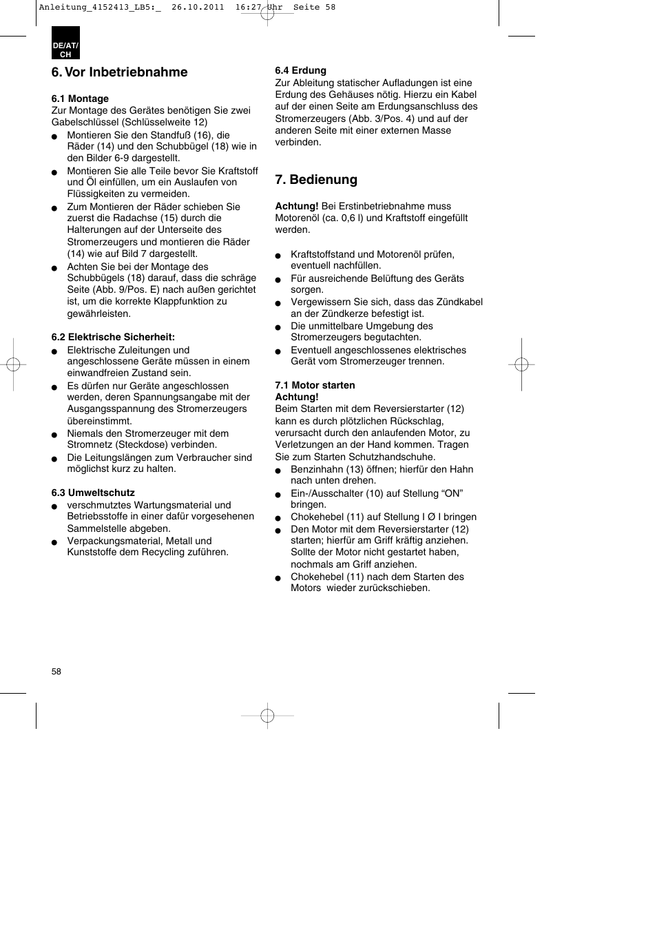 Vor inbetriebnahme, Bedienung | Parkside PSE 2800 A1 User Manual | Page 58 / 68