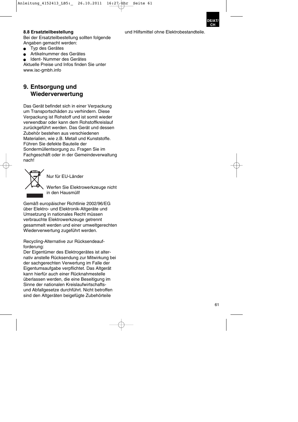 Entsorgung und wiederverwertung | Parkside PSE 2800 A1 User Manual | Page 61 / 68