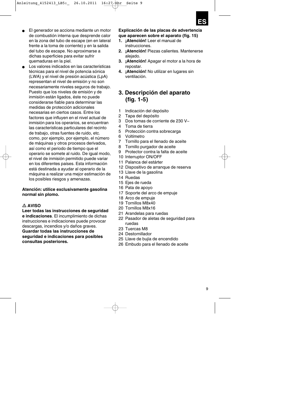 Descripción del aparato (fig. 1-5) | Parkside PSE 2800 A1 User Manual | Page 9 / 68