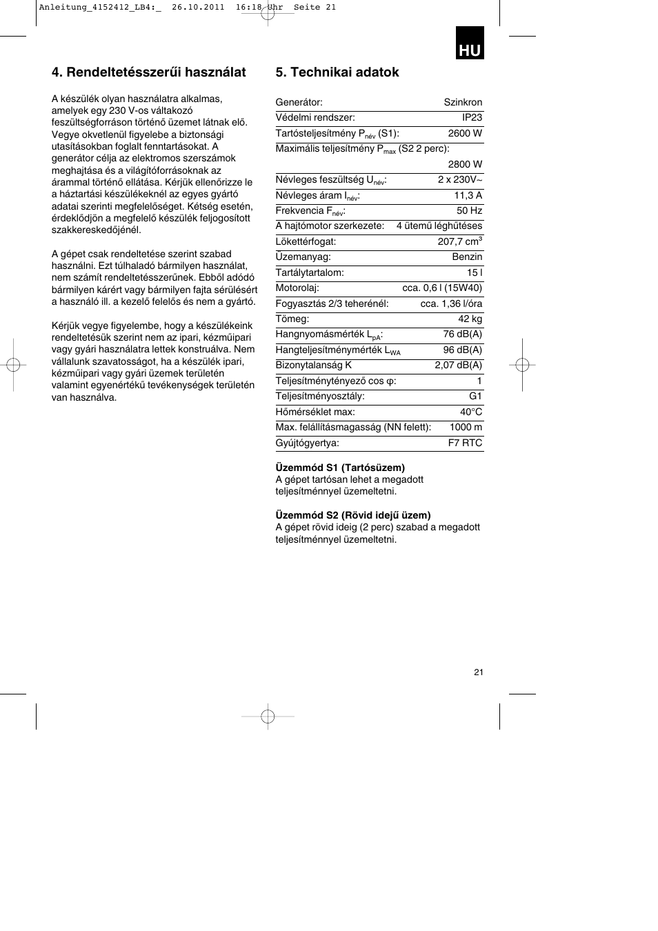 Rendeltetésszerűi használat, Technikai adatok | Parkside PSE 2800 A1 User Manual | Page 21 / 88