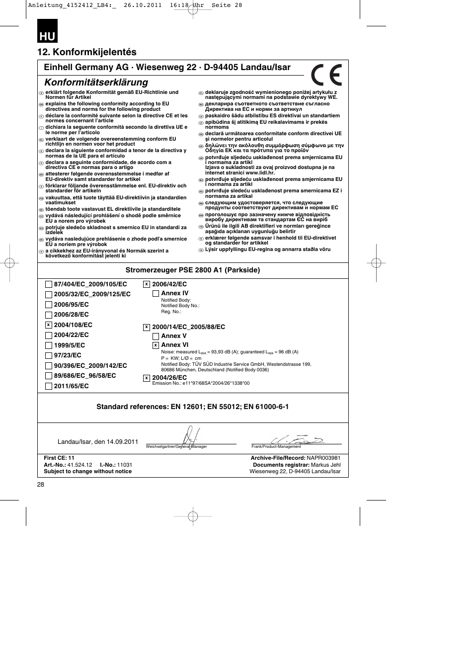 Konformkijelentés, Konformitätserklärung | Parkside PSE 2800 A1 User Manual | Page 28 / 88