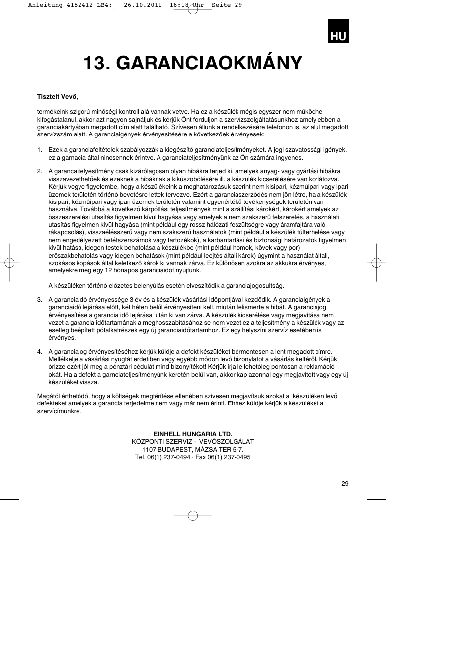 Garanciaokmány | Parkside PSE 2800 A1 User Manual | Page 29 / 88