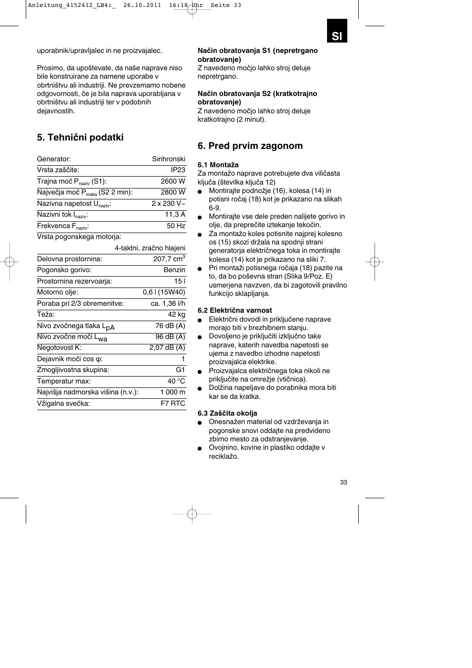 Tehnični podatki, Pred prvim zagonom | Parkside PSE 2800 A1 User Manual | Page 33 / 88