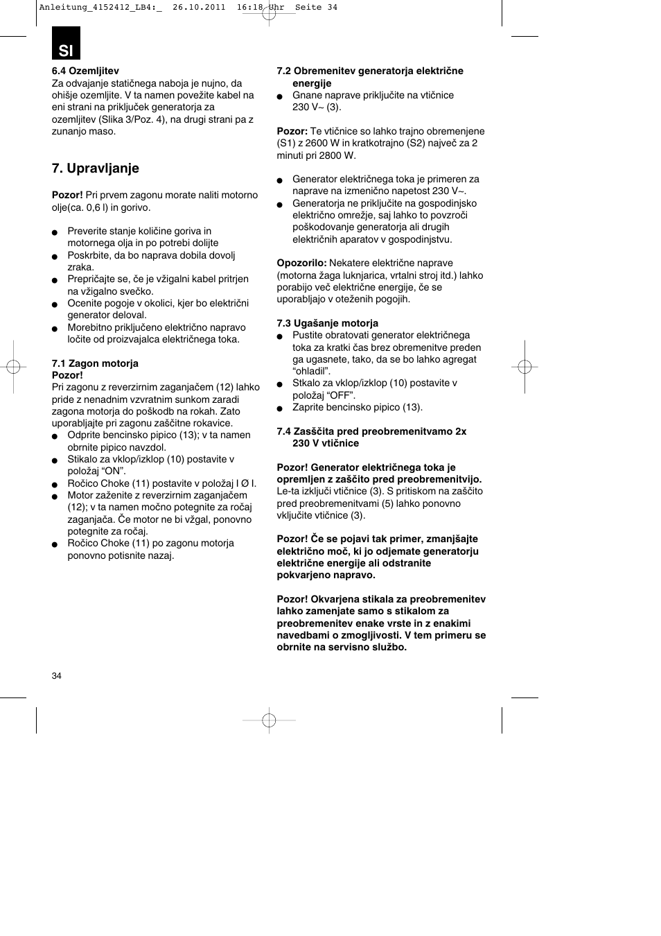 Upravljanje | Parkside PSE 2800 A1 User Manual | Page 34 / 88