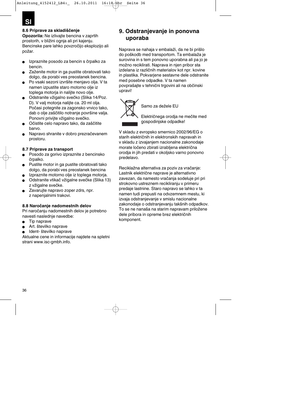Odstranjevanje in ponovna uporaba | Parkside PSE 2800 A1 User Manual | Page 36 / 88