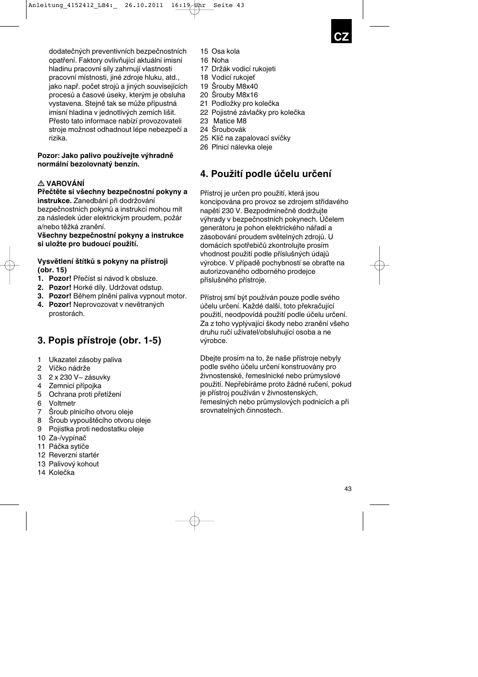 Popis přístroje (obr. 1-5), Použití podle účelu určení | Parkside PSE 2800 A1 User Manual | Page 43 / 88