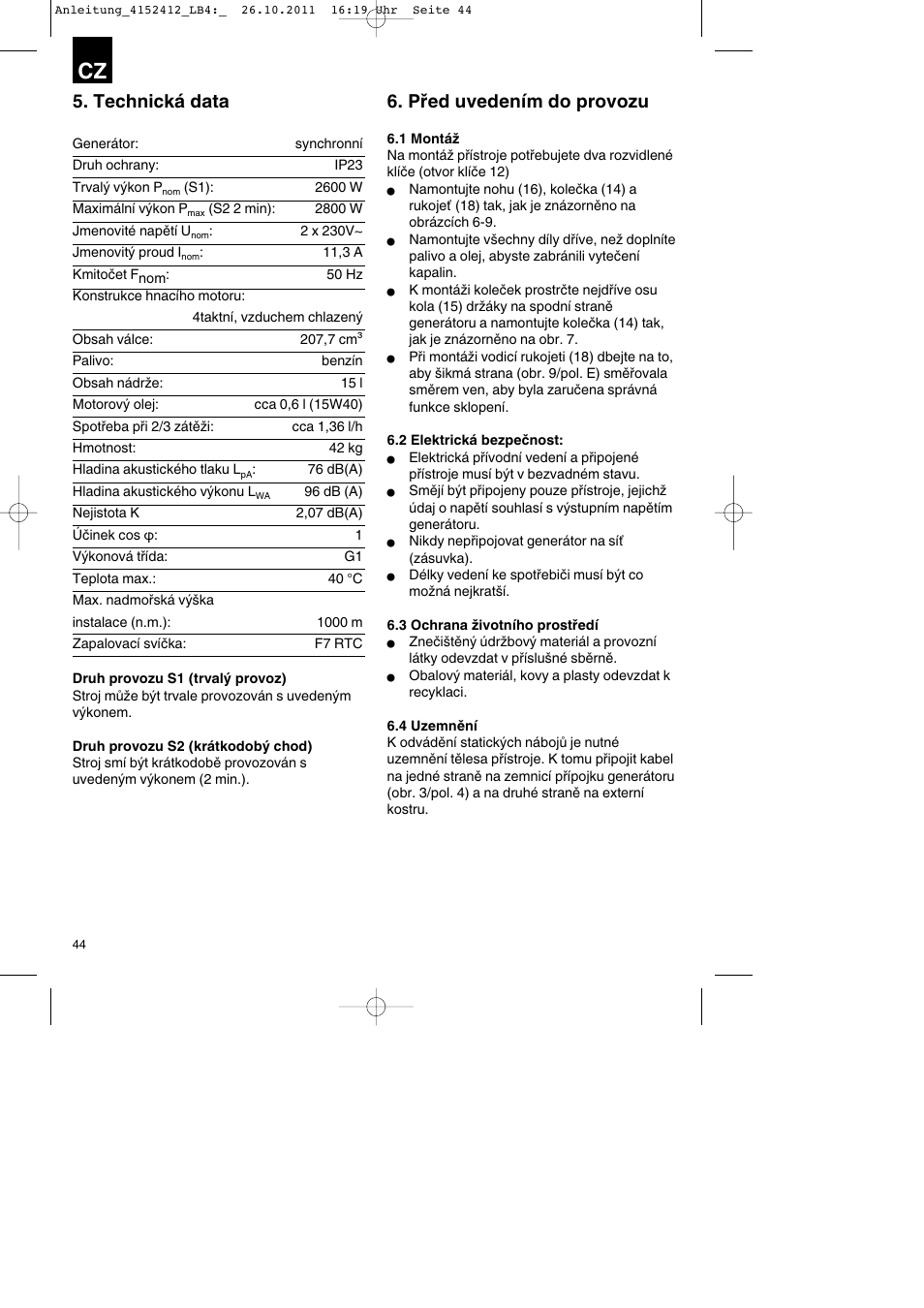 Technická data, Před uvedením do provozu | Parkside PSE 2800 A1 User Manual | Page 44 / 88