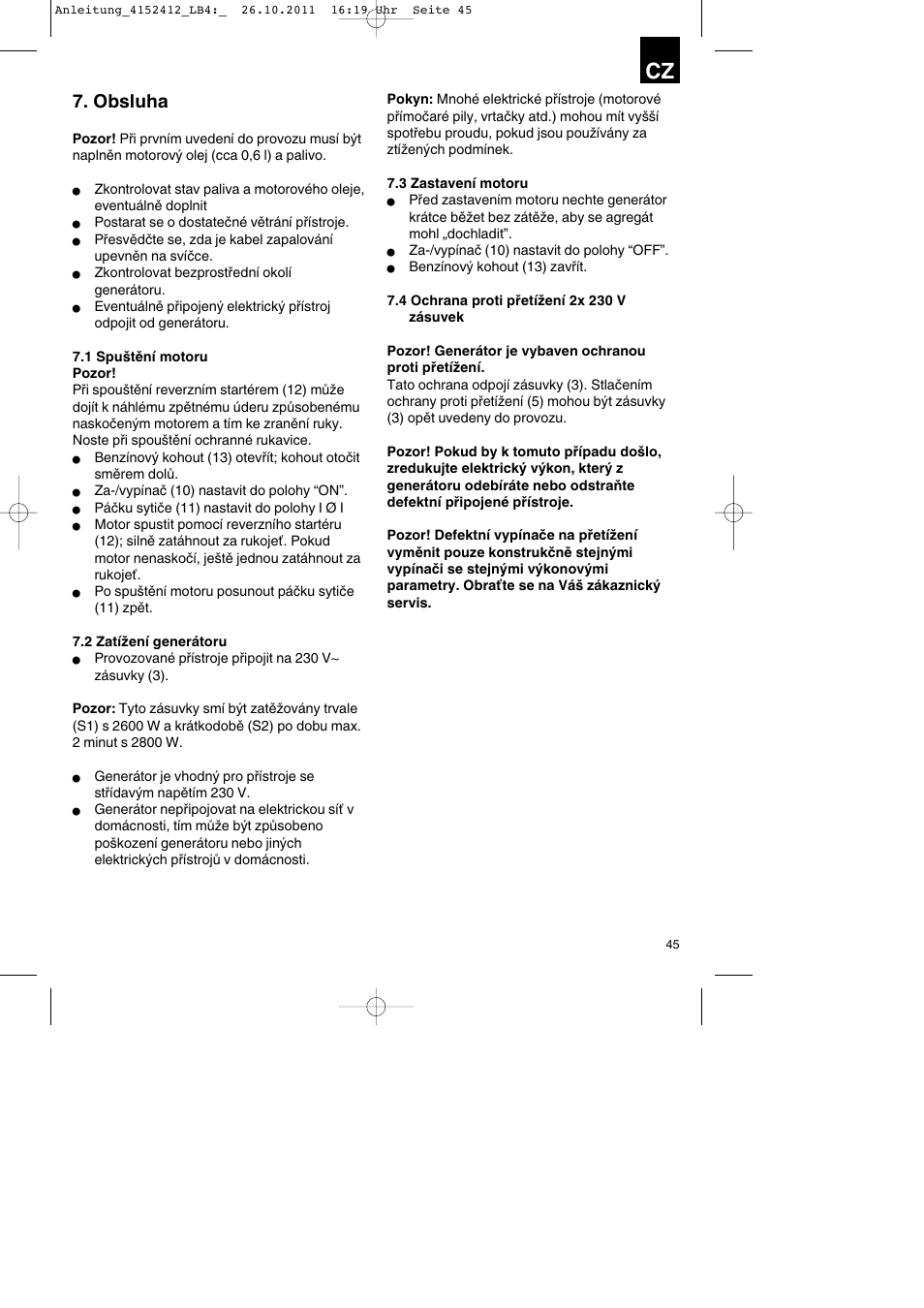 Obsluha | Parkside PSE 2800 A1 User Manual | Page 45 / 88