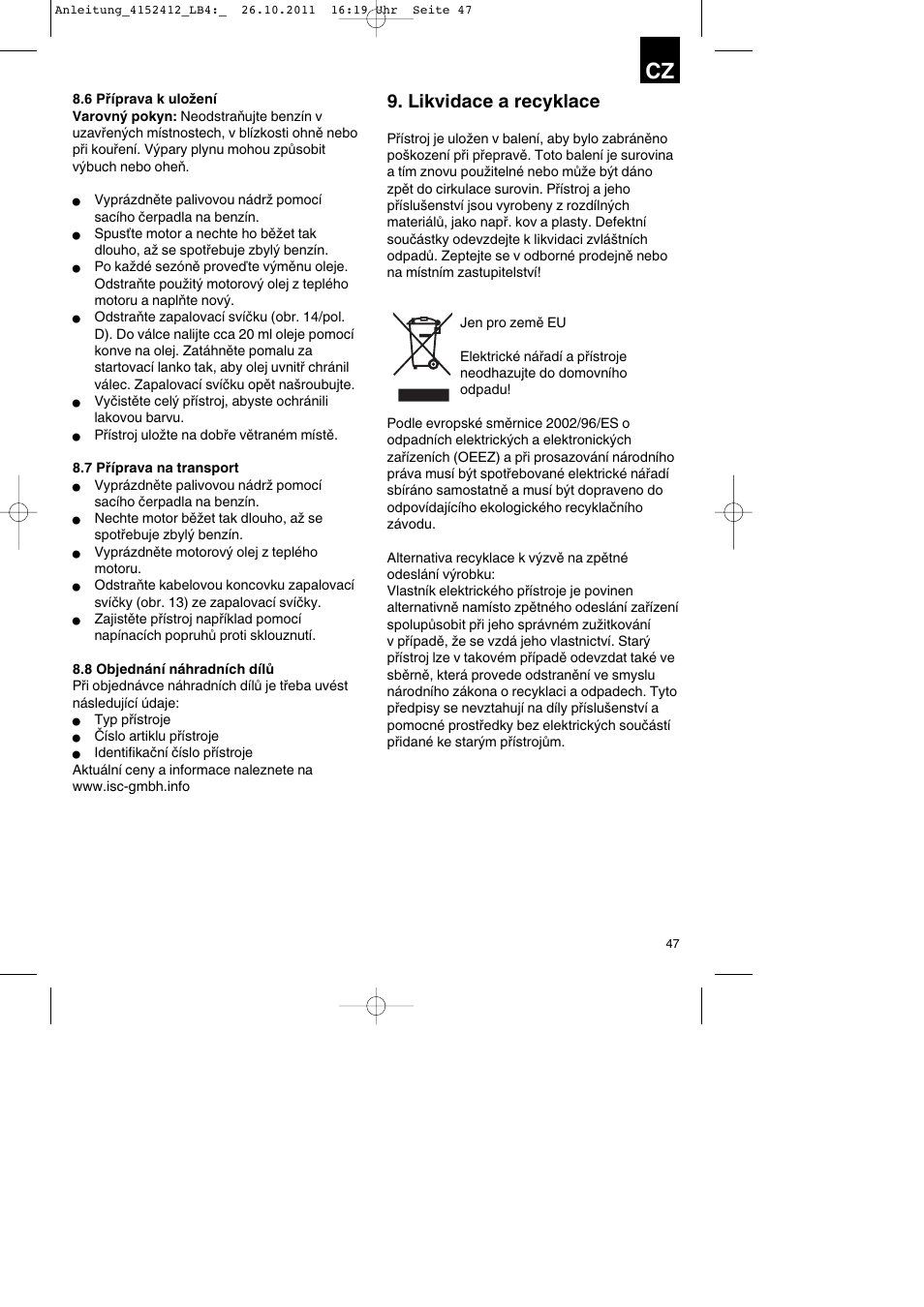 Likvidace a recyklace | Parkside PSE 2800 A1 User Manual | Page 47 / 88