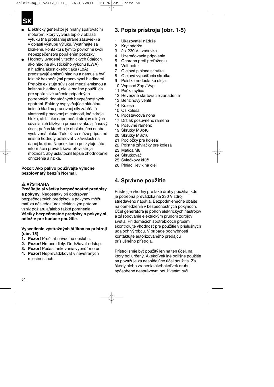 Popis prístroja (obr. 1-5), Správne použitie | Parkside PSE 2800 A1 User Manual | Page 54 / 88