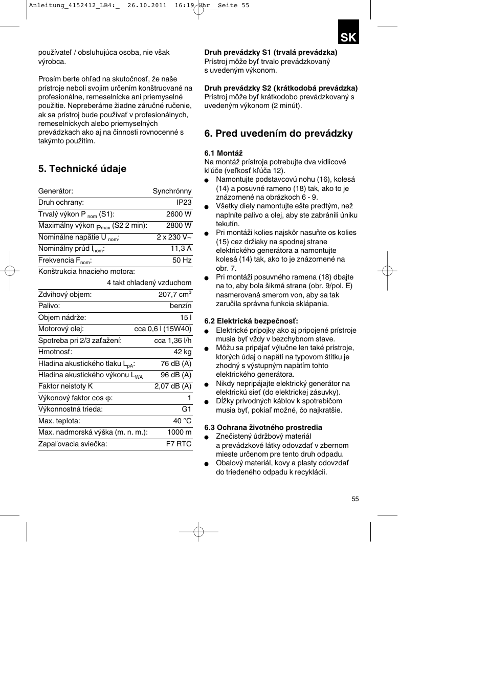 Technické údaje, Pred uvedením do prevádzky | Parkside PSE 2800 A1 User Manual | Page 55 / 88