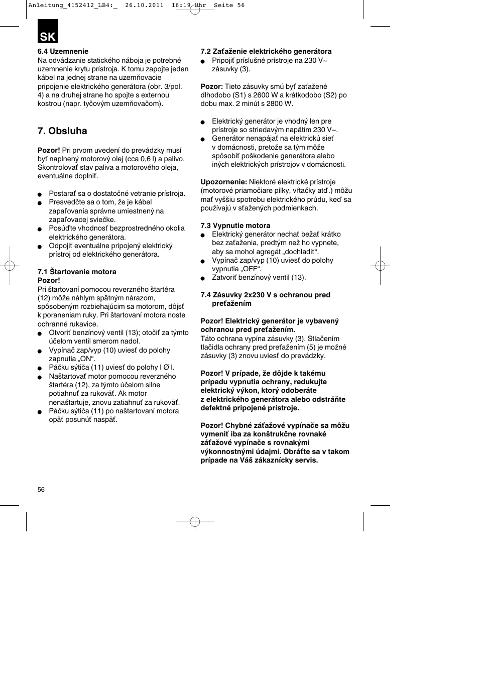Obsluha | Parkside PSE 2800 A1 User Manual | Page 56 / 88
