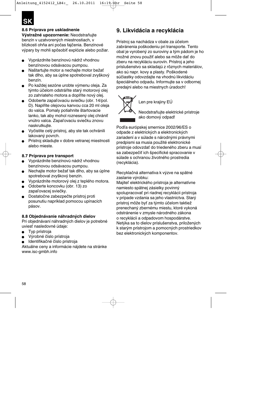 Likvidácia a recyklácia | Parkside PSE 2800 A1 User Manual | Page 58 / 88