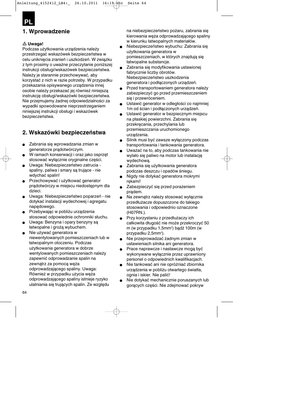 Wprowadzenie, Wskazówki bezpieczeństwa | Parkside PSE 2800 A1 User Manual | Page 64 / 88