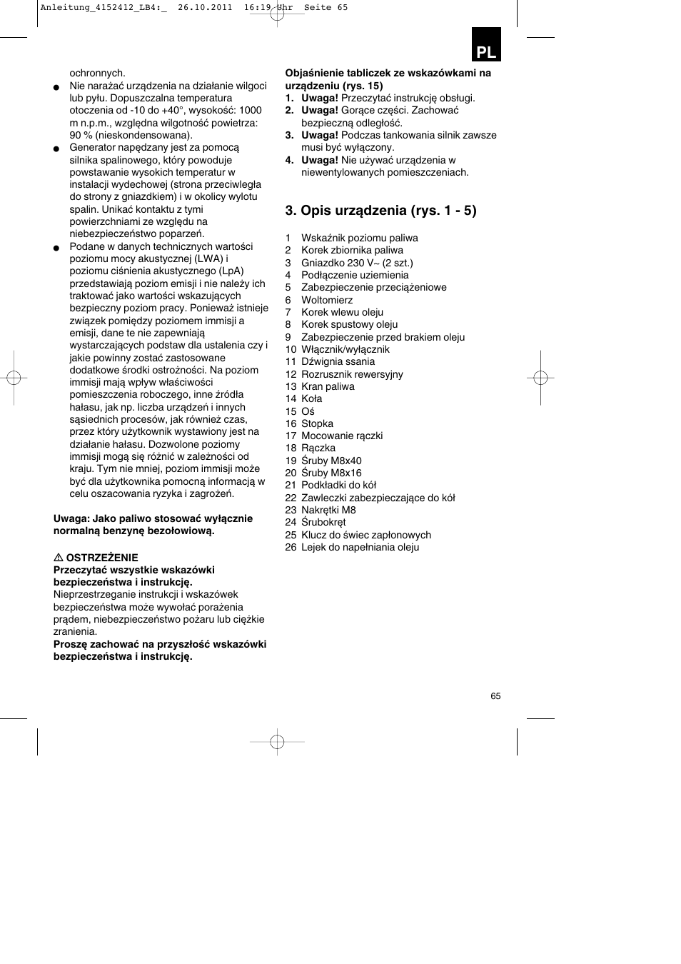 Opis urządzenia (rys. 1 - 5) | Parkside PSE 2800 A1 User Manual | Page 65 / 88