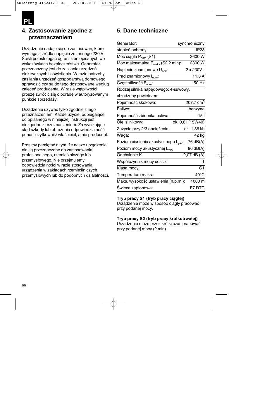 Zastosowanie zgodne z przeznaczeniem, Dane techniczne | Parkside PSE 2800 A1 User Manual | Page 66 / 88