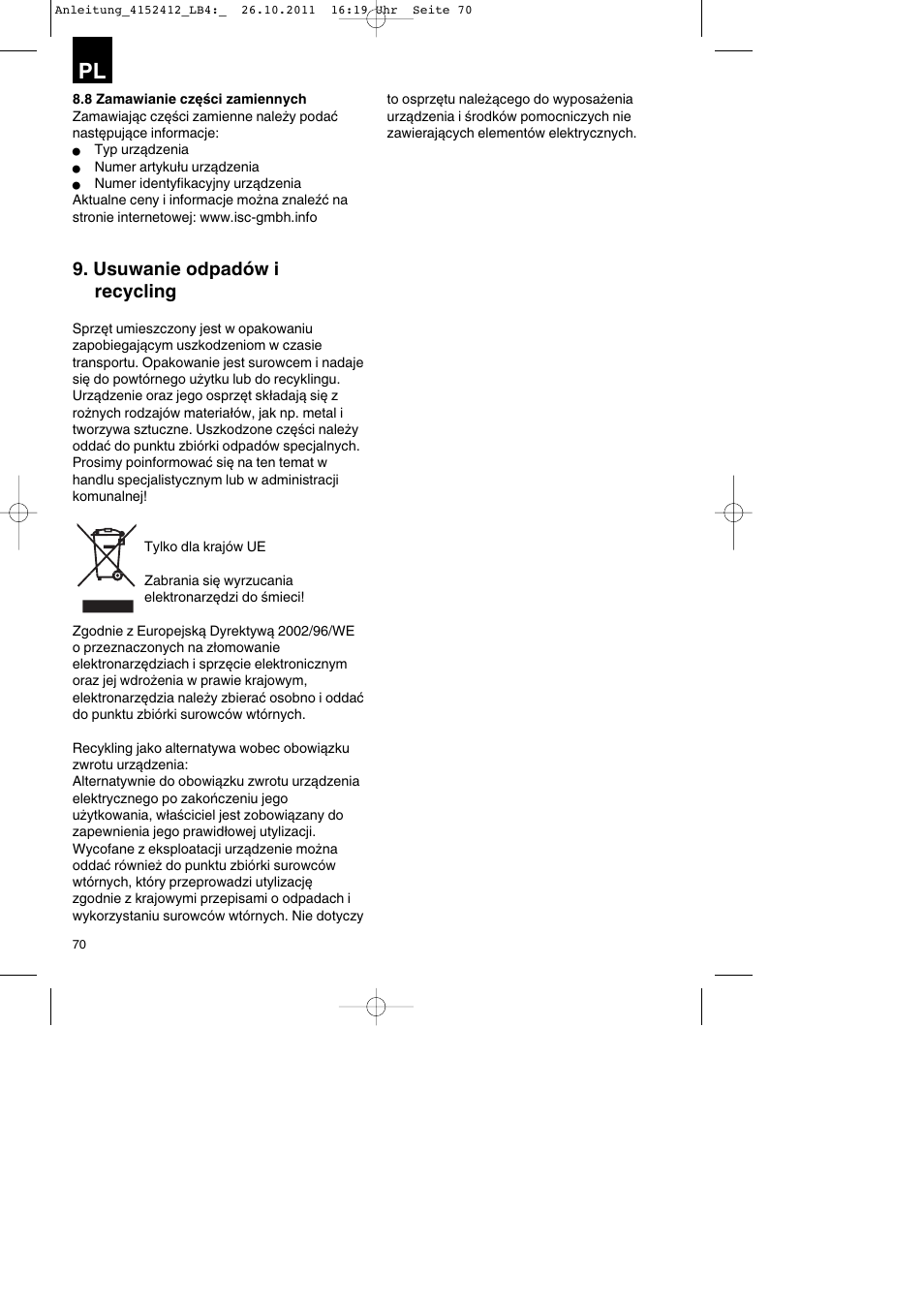 Usuwanie odpadów i recycling | Parkside PSE 2800 A1 User Manual | Page 70 / 88