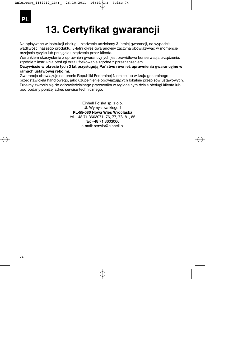 Certyfikat gwarancji | Parkside PSE 2800 A1 User Manual | Page 74 / 88