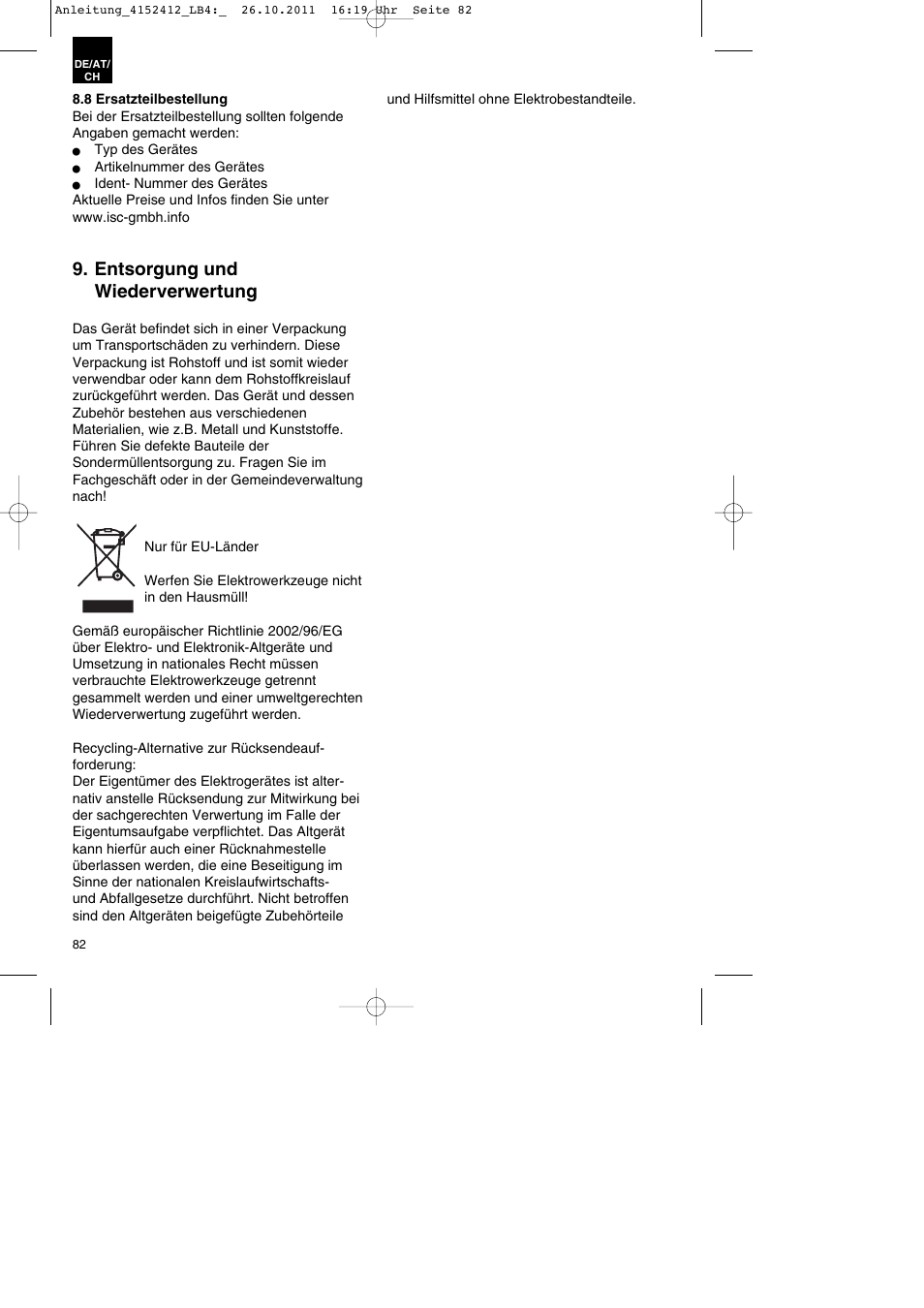 Entsorgung und wiederverwertung | Parkside PSE 2800 A1 User Manual | Page 82 / 88