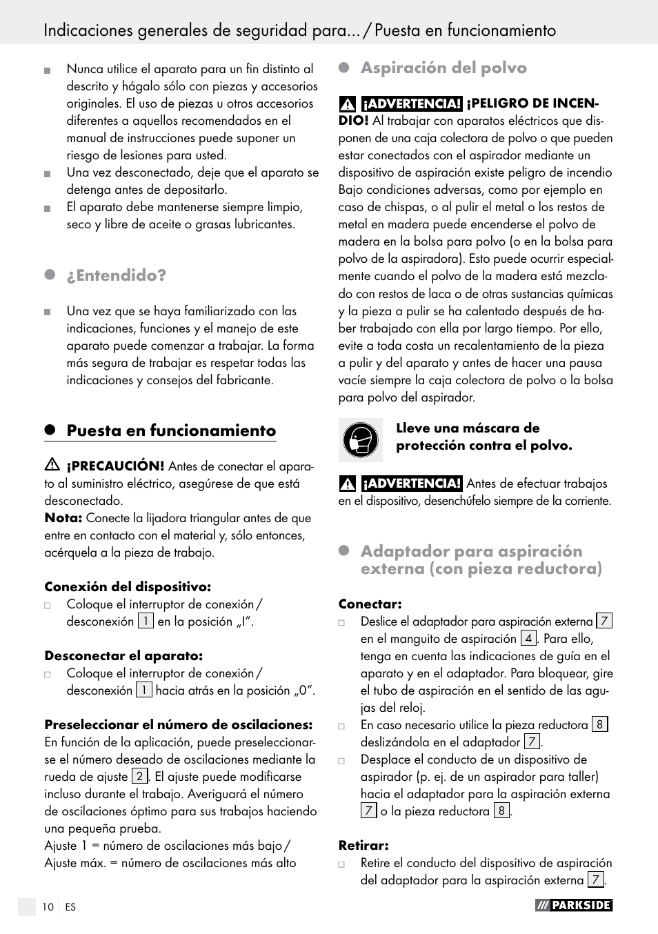 Entendido, Puesta en funcionamiento, Aspiración del polvo | Parkside PDS 290 A1 User Manual | Page 10 / 52