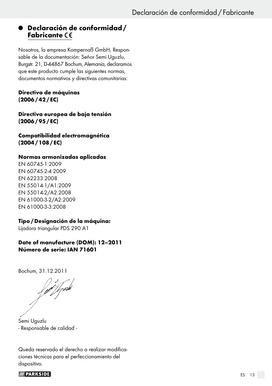 Declaración de conformidad / fabricante, Garantía / eliminación | Parkside PDS 290 A1 User Manual | Page 13 / 52