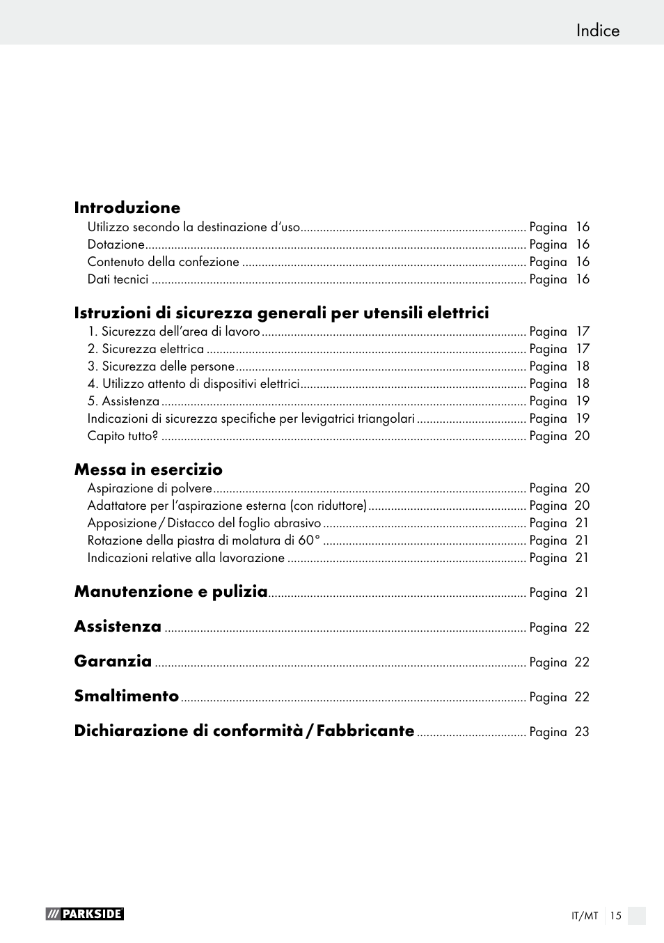 Indice | Parkside PDS 290 A1 User Manual | Page 15 / 52