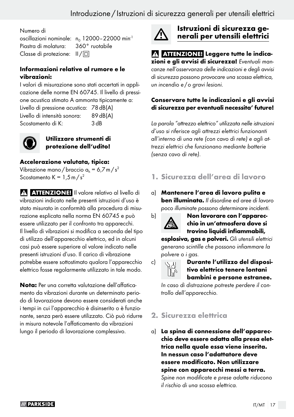 Sicurezza dell’area di lavoro, Sicurezza elettrica | Parkside PDS 290 A1 User Manual | Page 17 / 52