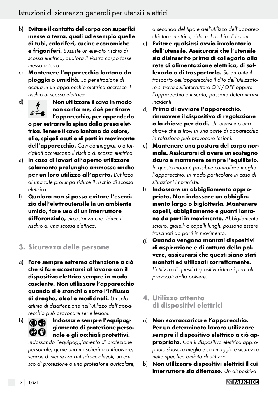 Sicurezza delle persone, Utilizzo attento di dispositivi elettrici | Parkside PDS 290 A1 User Manual | Page 18 / 52