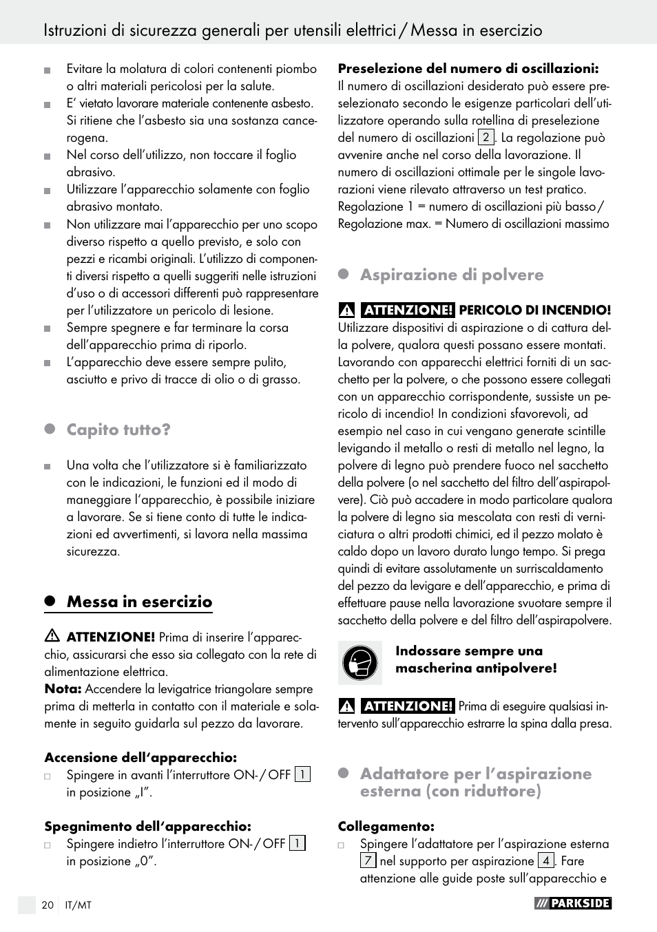 Capito tutto, Messa in esercizio, Aspirazione di polvere | Parkside PDS 290 A1 User Manual | Page 20 / 52