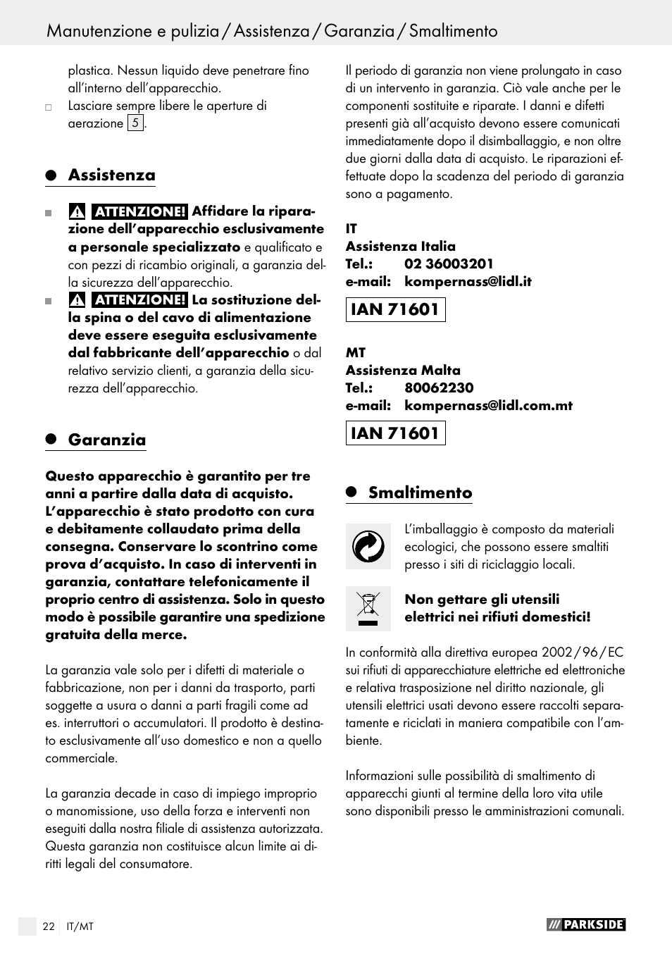 Assistenza, Garanzia, Smaltimento | Parkside PDS 290 A1 User Manual | Page 22 / 52