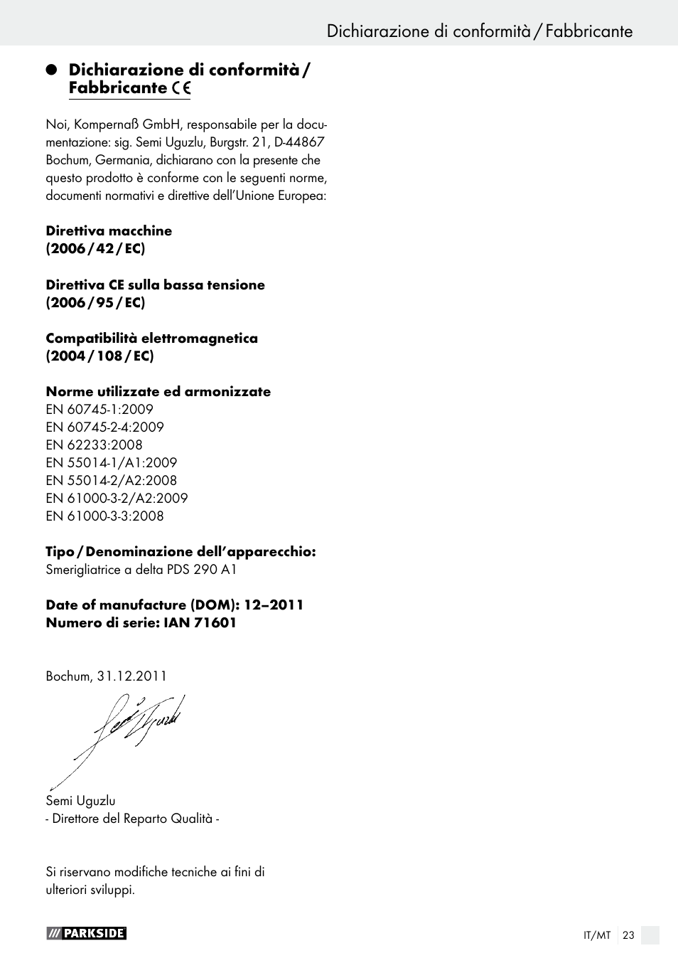 Dichiarazione di conformità / fabbricante | Parkside PDS 290 A1 User Manual | Page 23 / 52