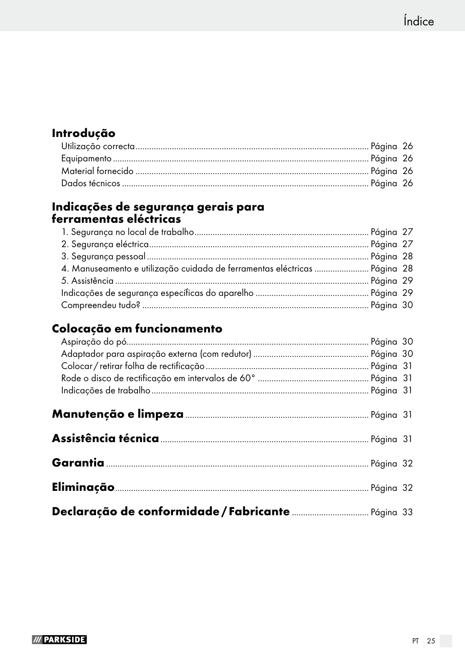 Índice | Parkside PDS 290 A1 User Manual | Page 25 / 52
