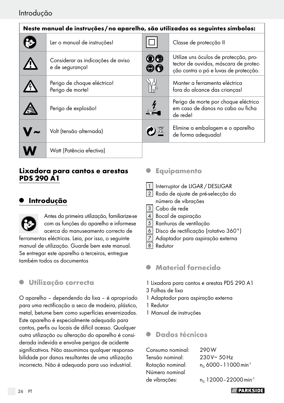 Lixadora para cantos e arestas pds 290 a1, Introdução, Utilização correcta | Equipamento, Material fornecido, Dados técnicos | Parkside PDS 290 A1 User Manual | Page 26 / 52