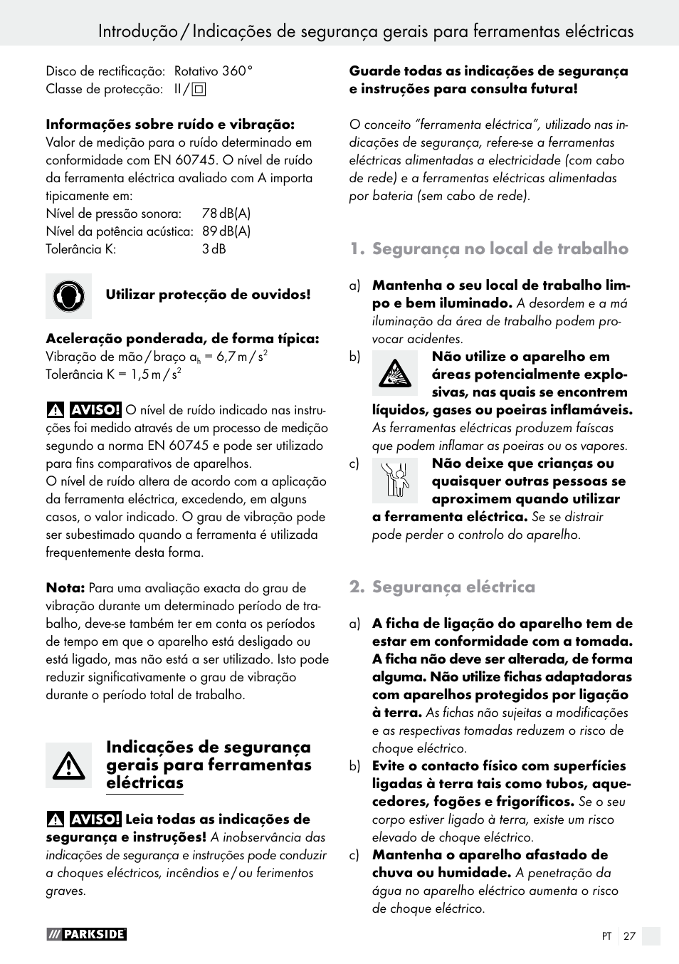 Segurança no local de trabalho, Segurança eléctrica | Parkside PDS 290 A1 User Manual | Page 27 / 52