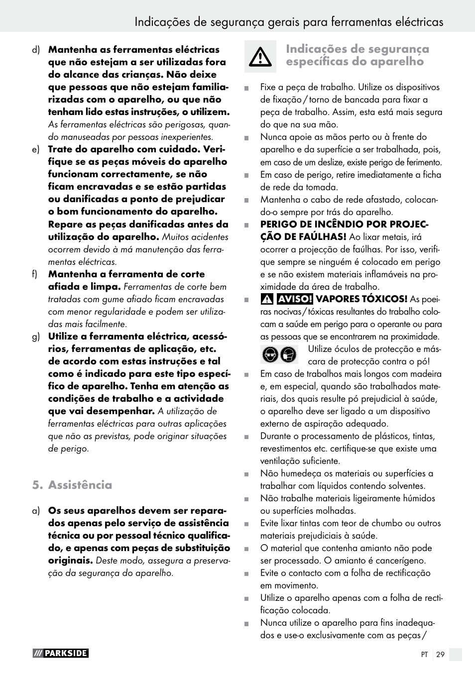 Assistência, Indicações de segurança específicas do aparelho | Parkside PDS 290 A1 User Manual | Page 29 / 52