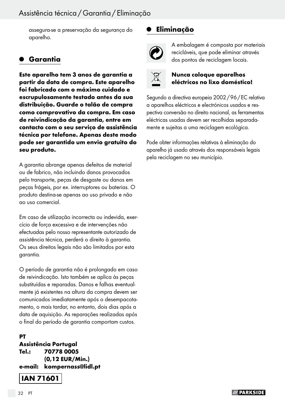 Garantia, Eliminação | Parkside PDS 290 A1 User Manual | Page 32 / 52