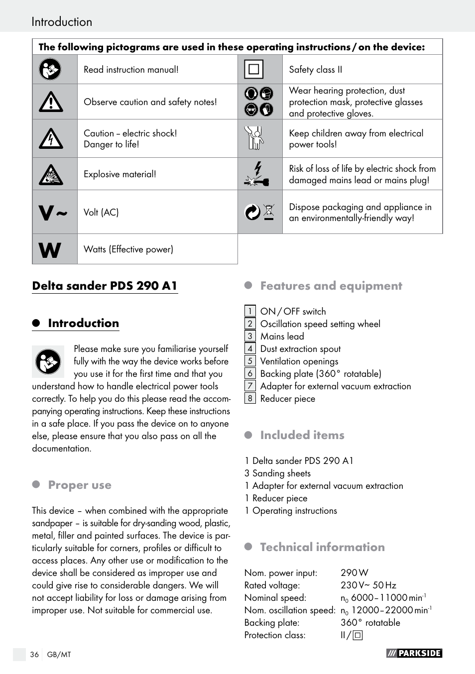 Delta sander pds 290 a1, Introduction, Proper use | Features and equipment, Included items, Technical information | Parkside PDS 290 A1 User Manual | Page 36 / 52