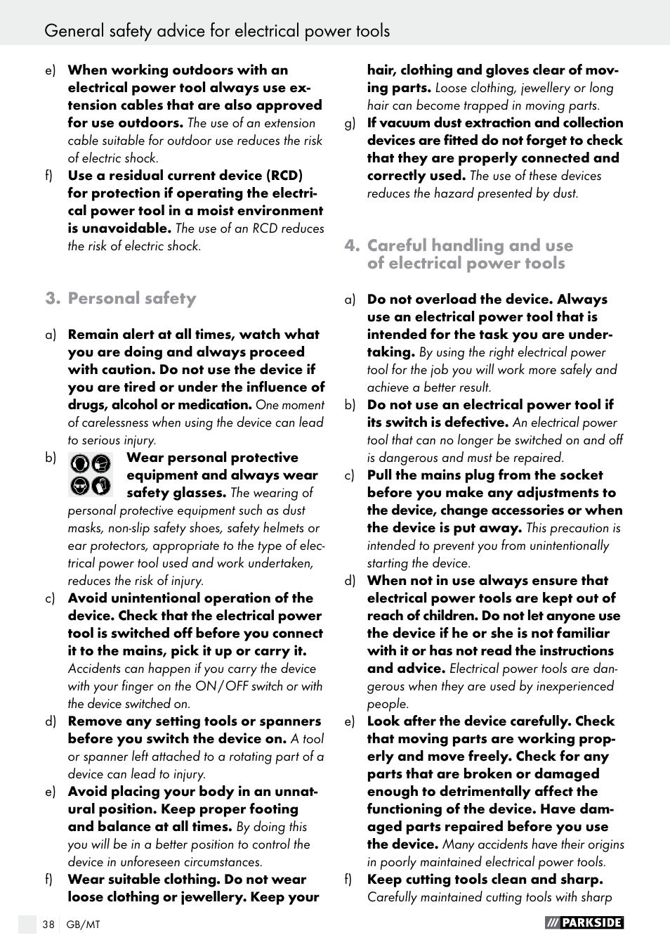 Personal safety, Careful handling and use of electrical power tools | Parkside PDS 290 A1 User Manual | Page 38 / 52