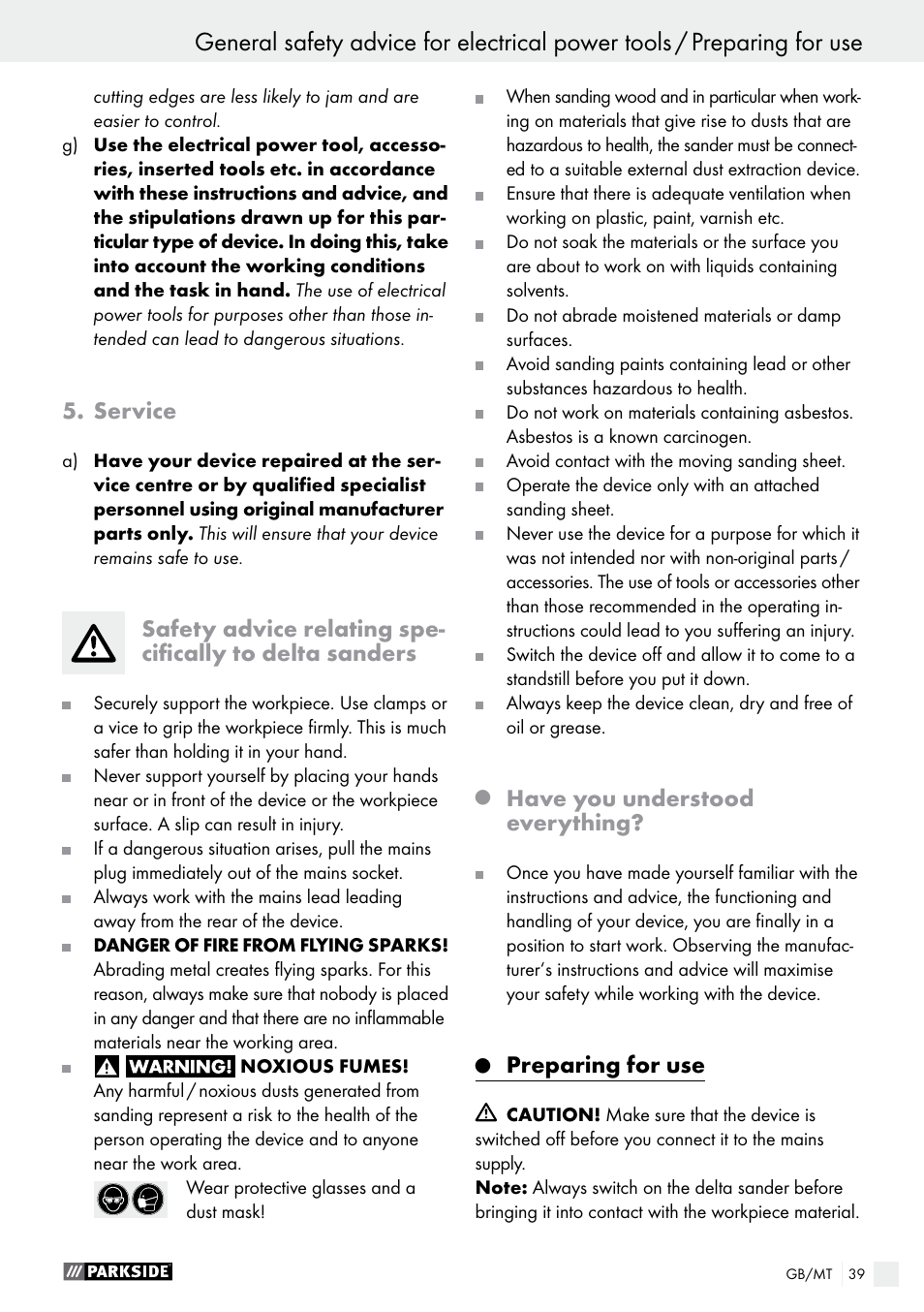 Service, Have you understood everything, Preparing for use | Parkside PDS 290 A1 User Manual | Page 39 / 52