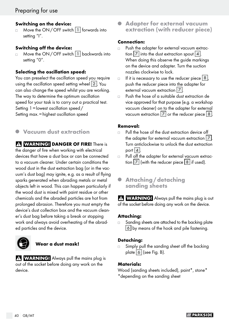 Vacuum dust extraction, Attaching / detaching sanding sheets | Parkside PDS 290 A1 User Manual | Page 40 / 52