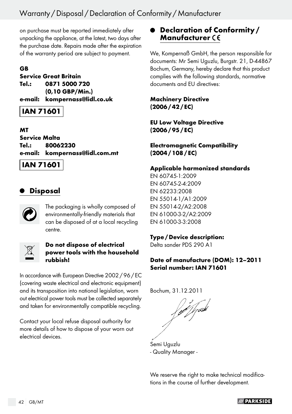 Parkside PDS 290 A1 User Manual | Page 42 / 52