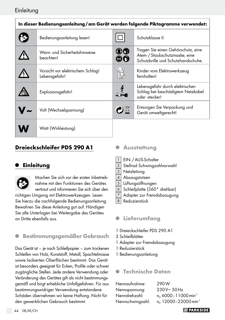 Dreieckschleifer pds 290 a1 einleitung, Bestimmungsgemäßer gebrauch, Ausstattung | Lieferumfang, Technische daten | Parkside PDS 290 A1 User Manual | Page 44 / 52