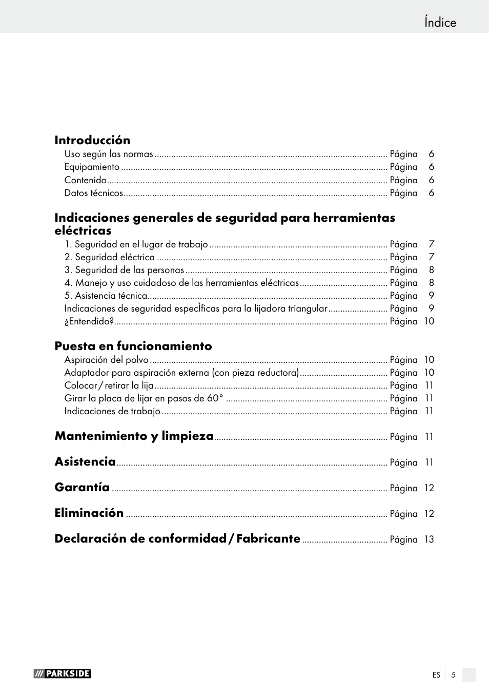 Índice | Parkside PDS 290 A1 User Manual | Page 5 / 52