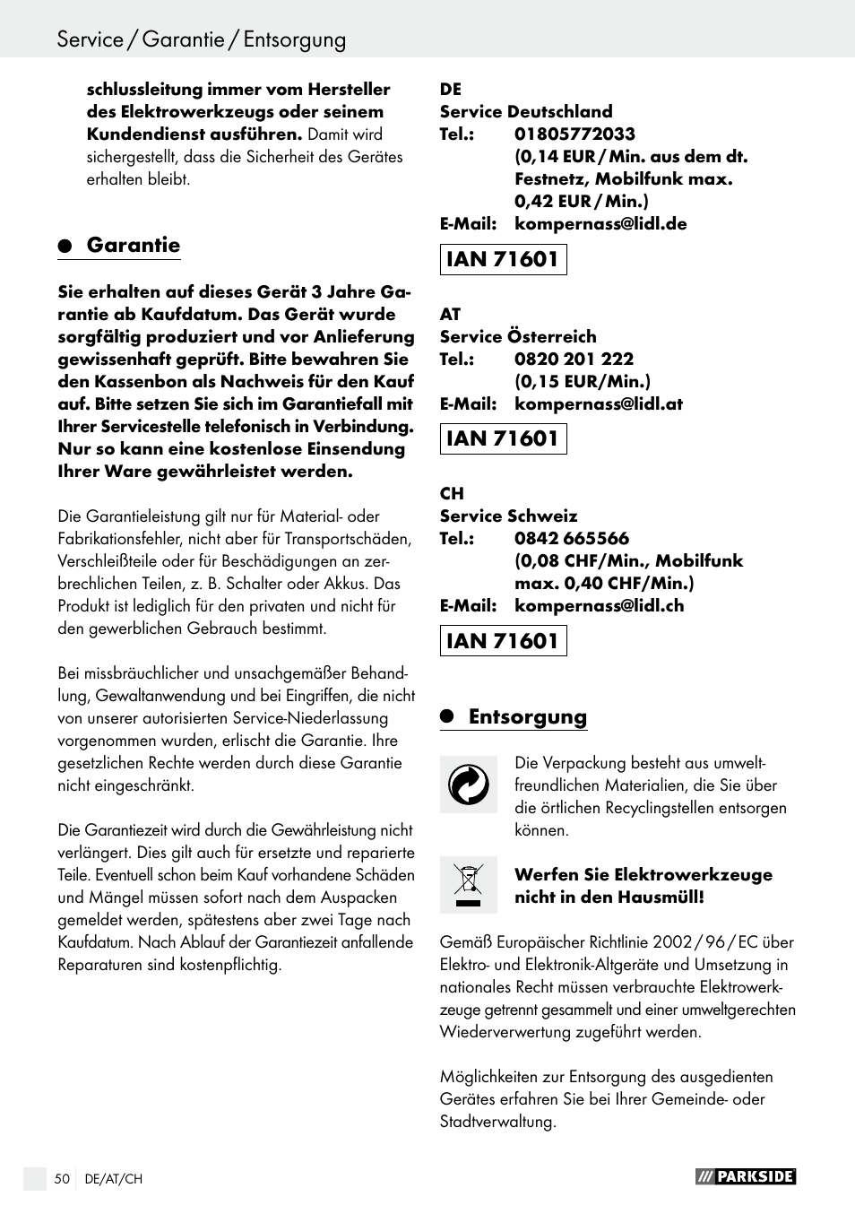 Parkside PDS 290 A1 User Manual | Page 50 / 52