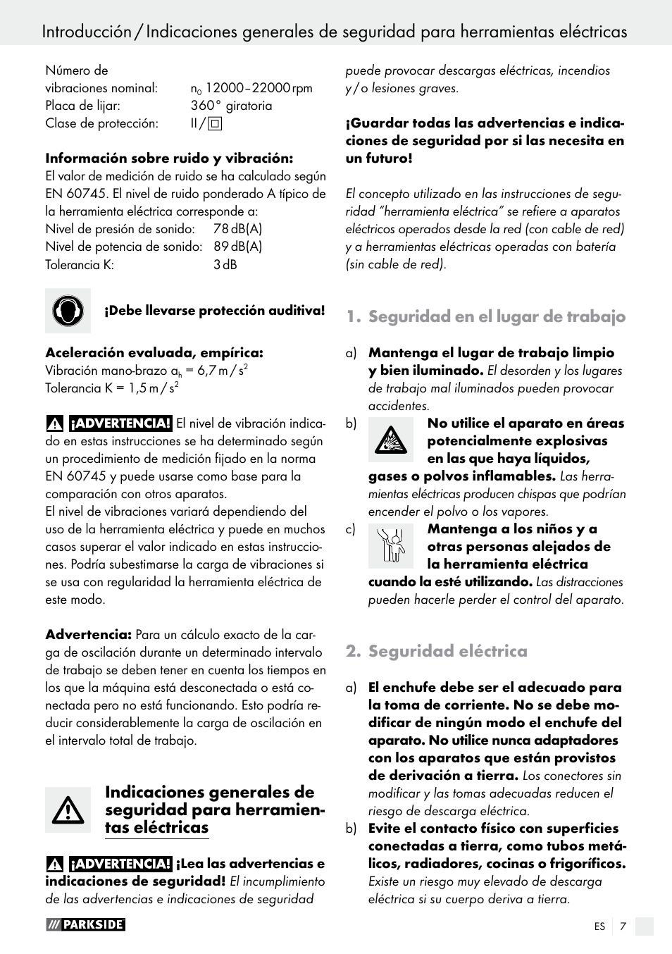 Introducción, Seguridad en el lugar de trabajo, Seguridad eléctrica | Parkside PDS 290 A1 User Manual | Page 7 / 52