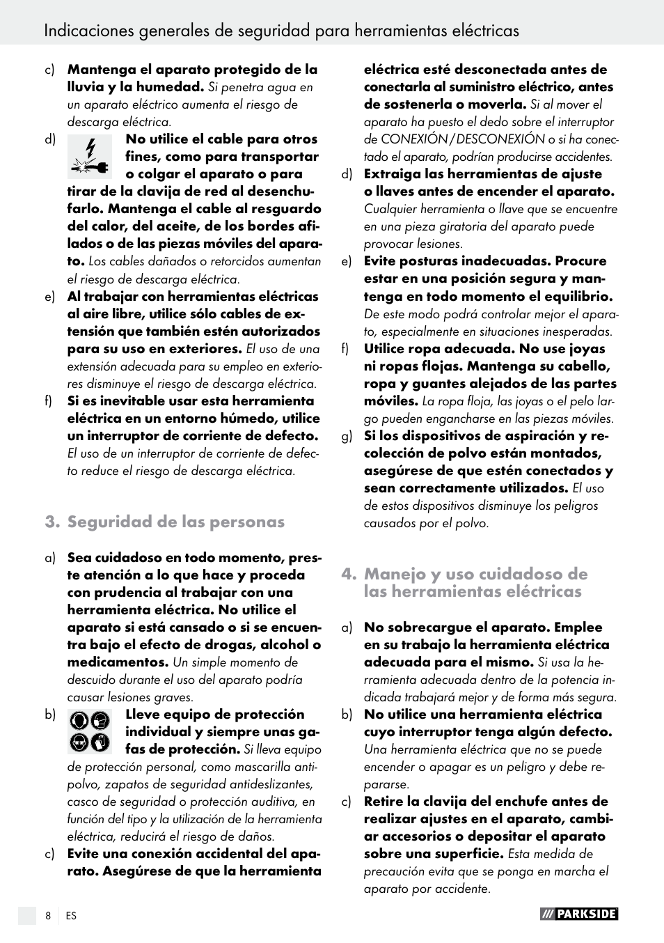 Seguridad de las personas | Parkside PDS 290 A1 User Manual | Page 8 / 52